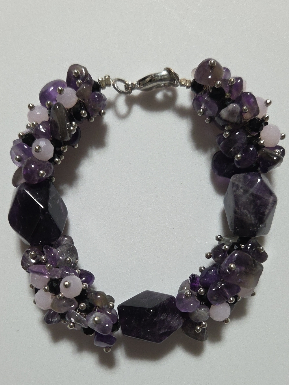 Estate Amethyst Beaded Bracelet Purple Stone Cluster Silver Tone